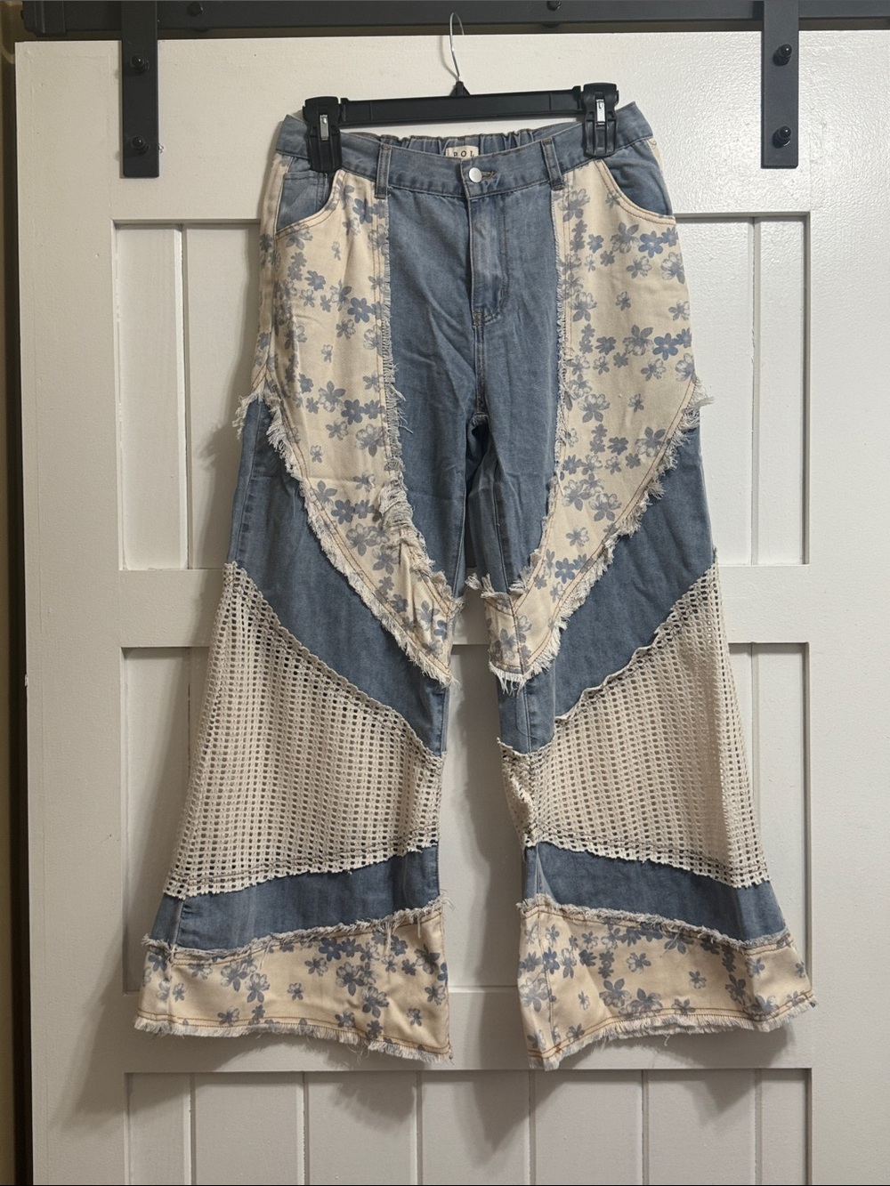 POL Patchwork Flare Jeans in Blue and Cream